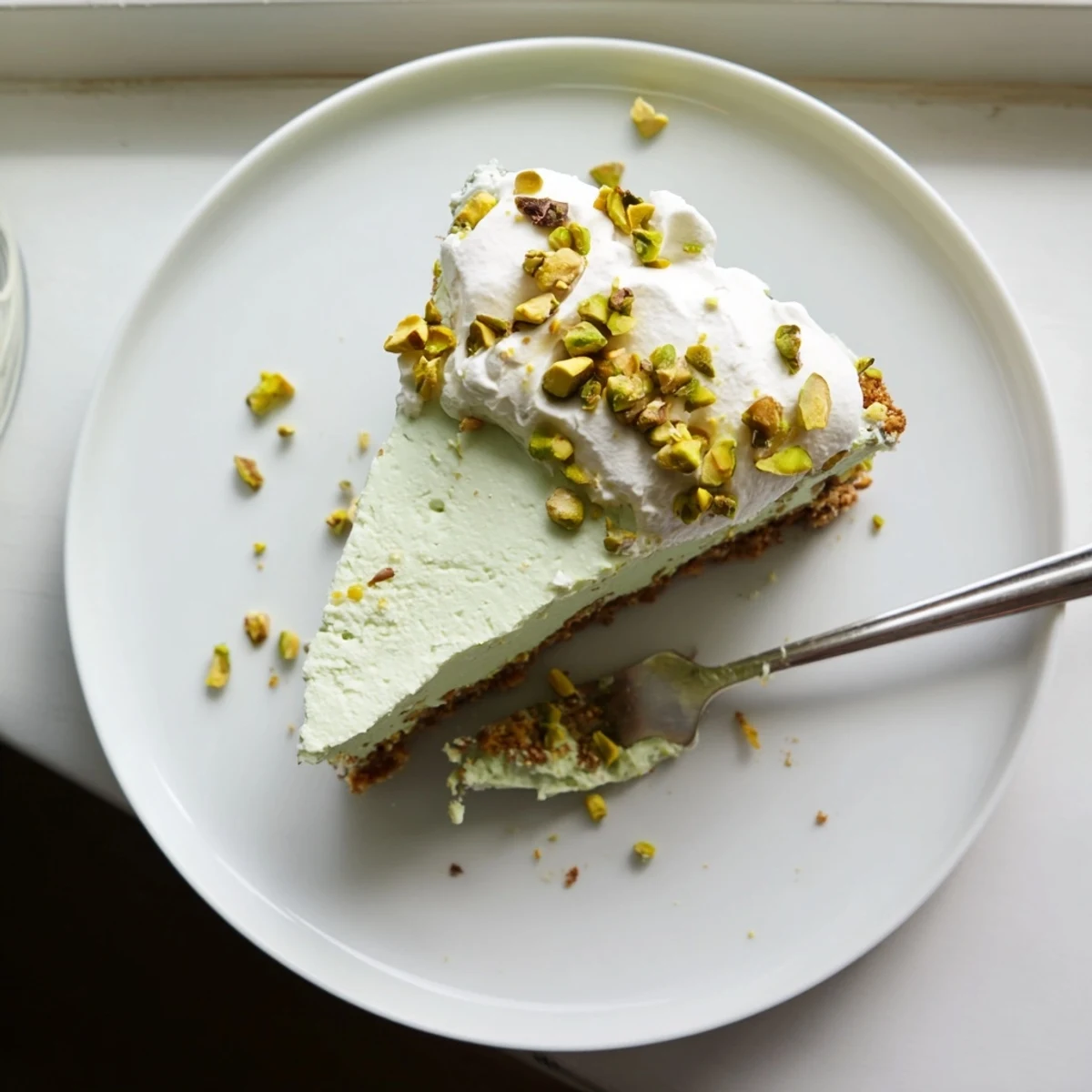 Whipped cream topped pistachio cheesecake slice on white serving plate