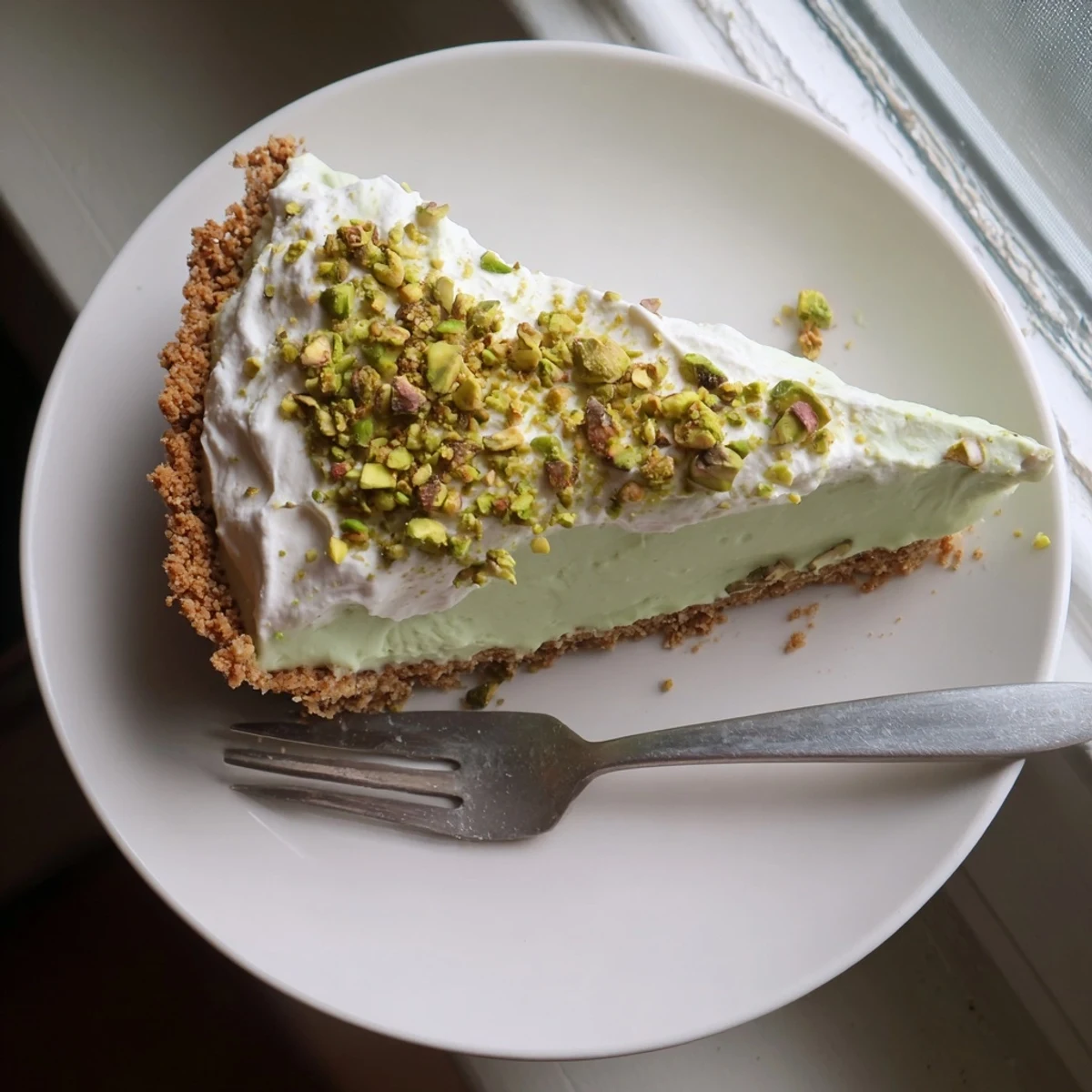 Slice of pistachio cheesecake showing green-speckled filling on golden crust