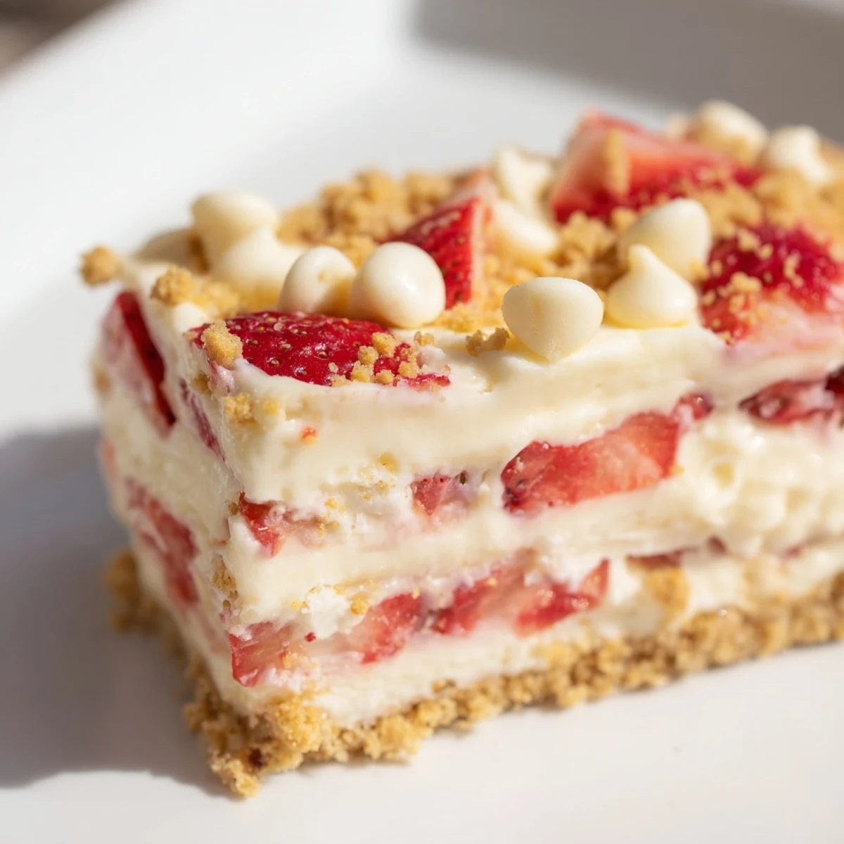 Creamy strawberry cheesecake crunch dessert layered with fresh berries and golden graham cracker topping