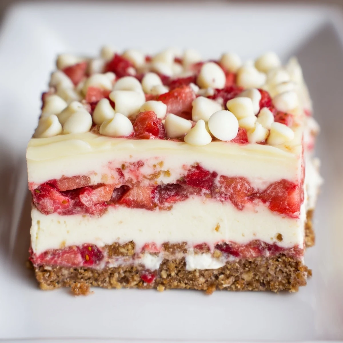 Sliced strawberry cheesecake crunch revealing layers of smooth filling, juicy fruit, and crispy crumble topping