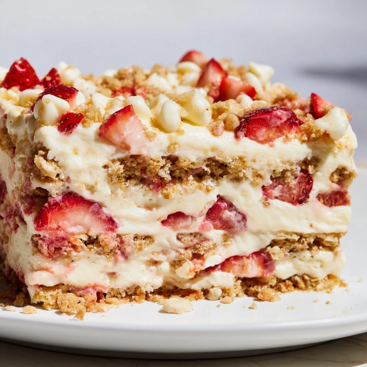 Individual glasses of strawberry cheesecake crunch showing white creamy filling and diced red strawberries