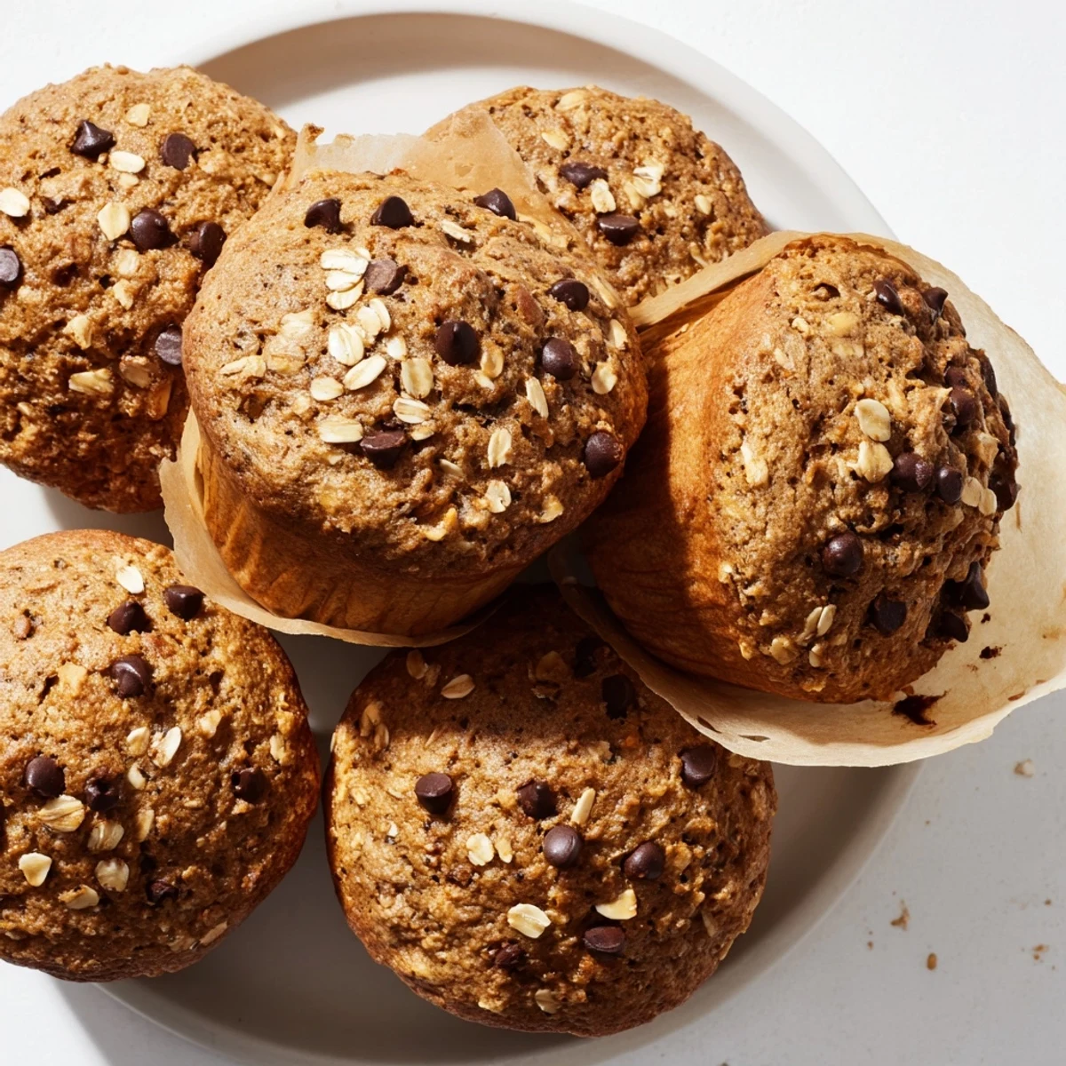 Soft moist muffins topped with melted chocolate chips and oats, perfect for breakfast or snacking
