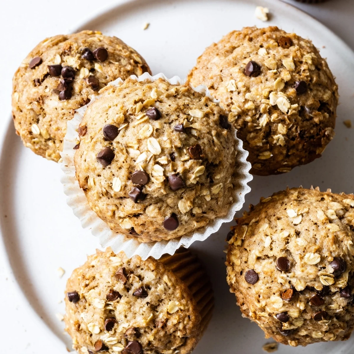 Golden banana chocolate chip muffins with oats, fresh from the oven on a wire rack