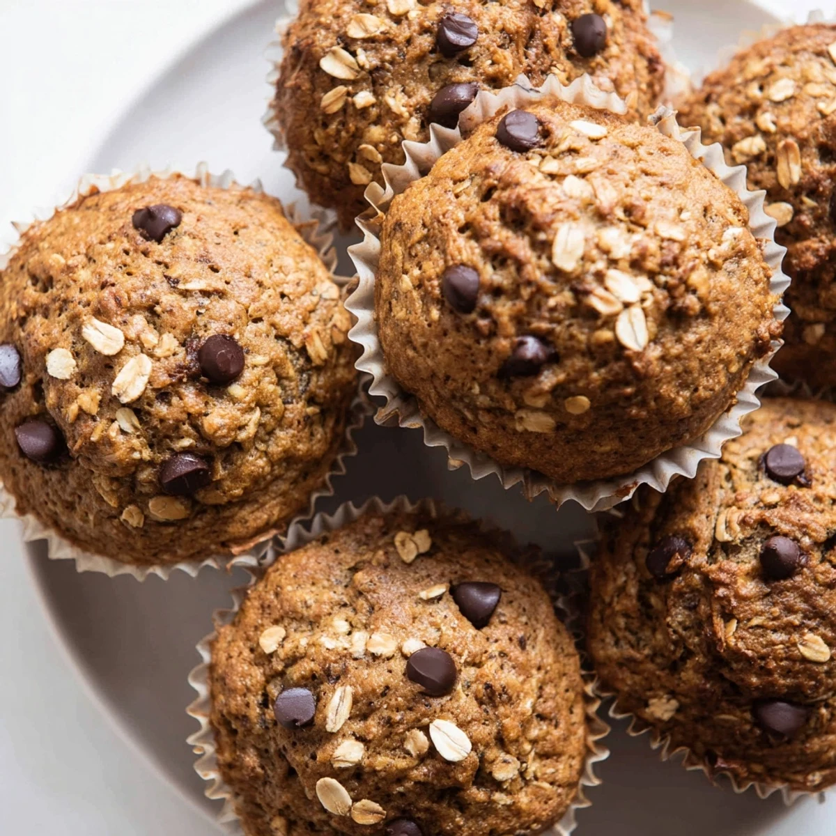 Homemade banana chocolate chip muffins with hearty oats cooling in a lined muffin tin
