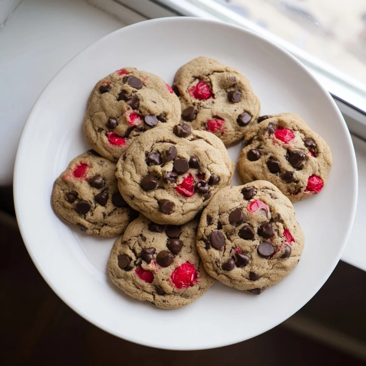 Freshly baked maraschino cherry chocolate chip cookies with gooey melted chocolate and vibrant red cherry pieces
