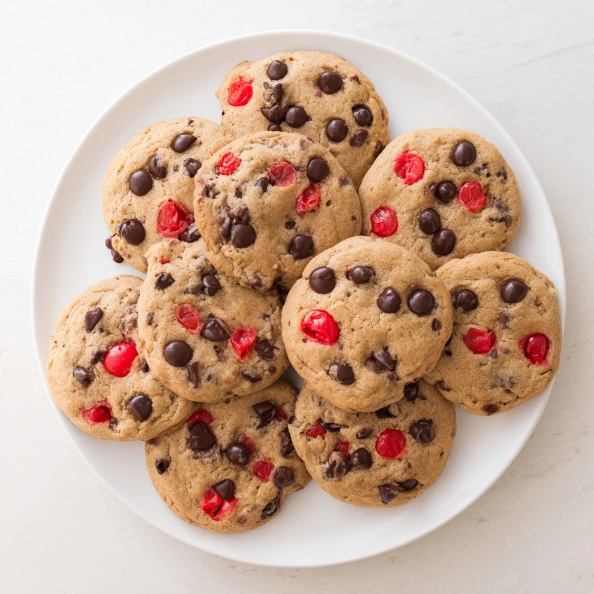 Golden soft-baked maraschino cherry chocolate chip cookies stacked on a white serving plate