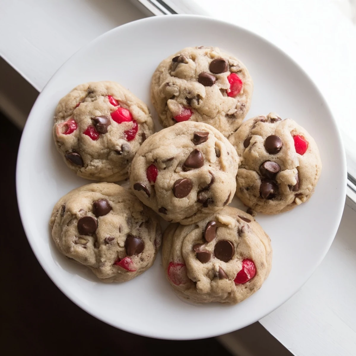 Chewy homemade maraschino cherry chocolate chip cookies showing pockets of sweet cherries and rich chocolate chips