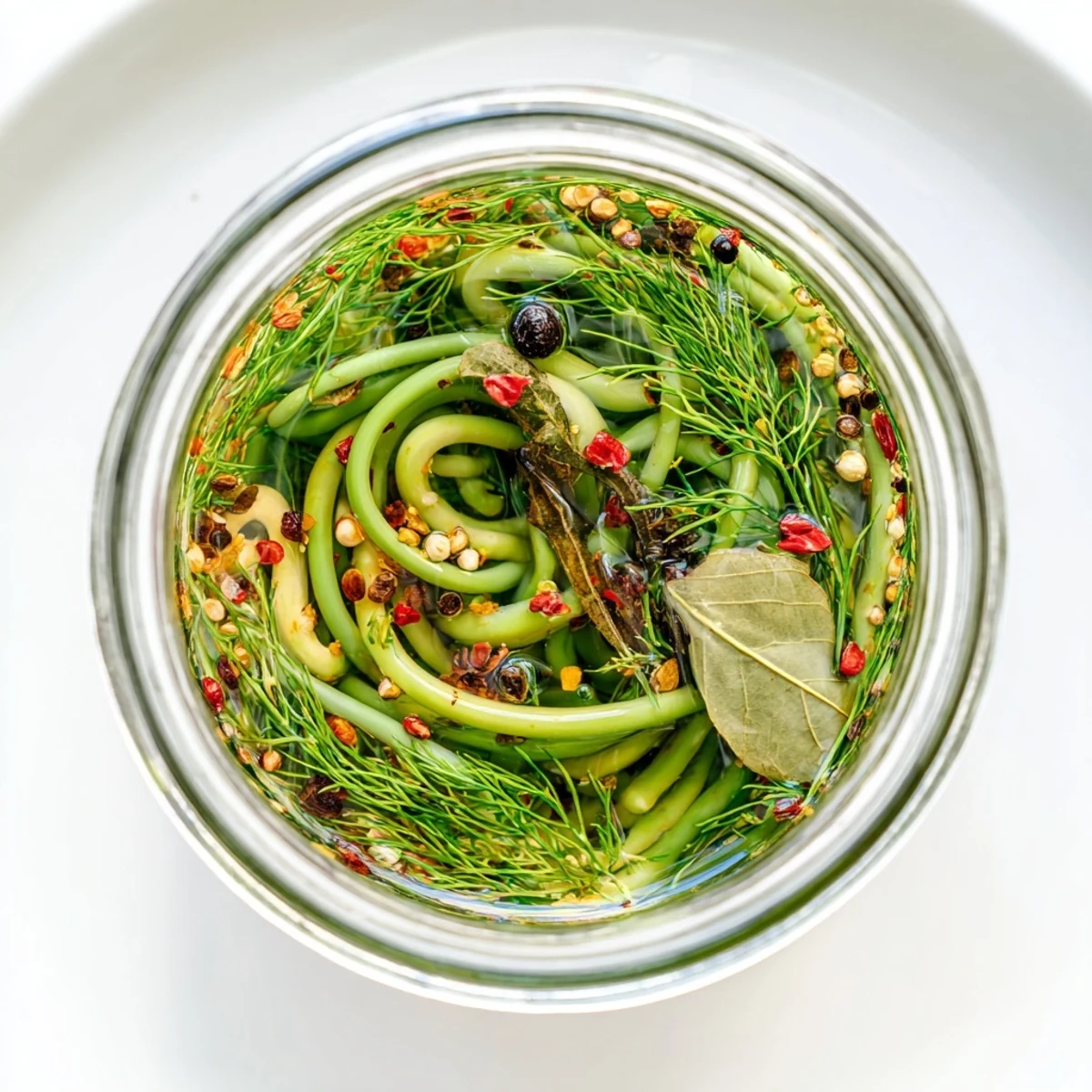 Tall Mason jar packed with crunchy pickled garlic scapes and fresh dill sprigs floating in golden translucent liquid