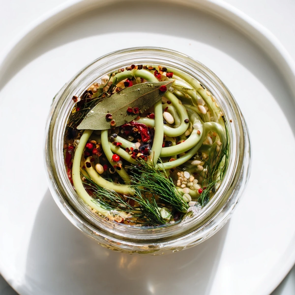Glass jars filled with curly green garlic scapes submerged in spiced vinegar brine with visible peppercorns and red chili flakes