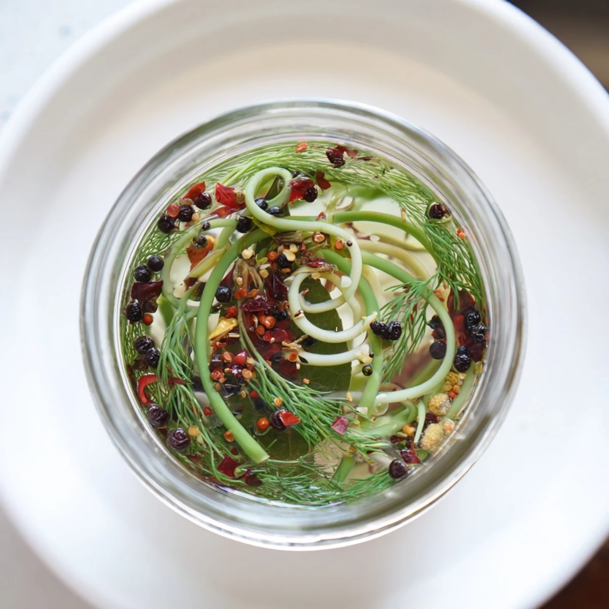 Two pint jars of spicy pickled garlic scapes arranged on wooden surface with visible mustard seeds and coriander spices