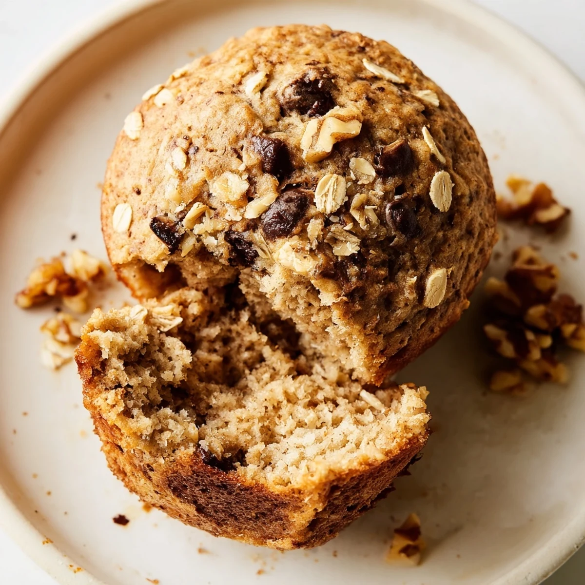Batch of twelve moist banana oatmeal muffins arranged on a wooden serving board