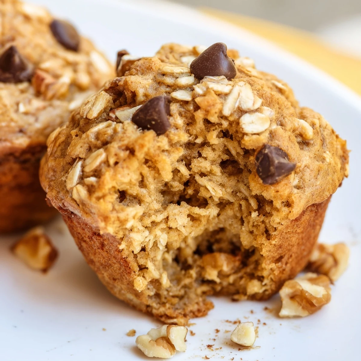 Freshly baked wholesome banana oatmeal muffins with visible banana chunks and chocolate chips
