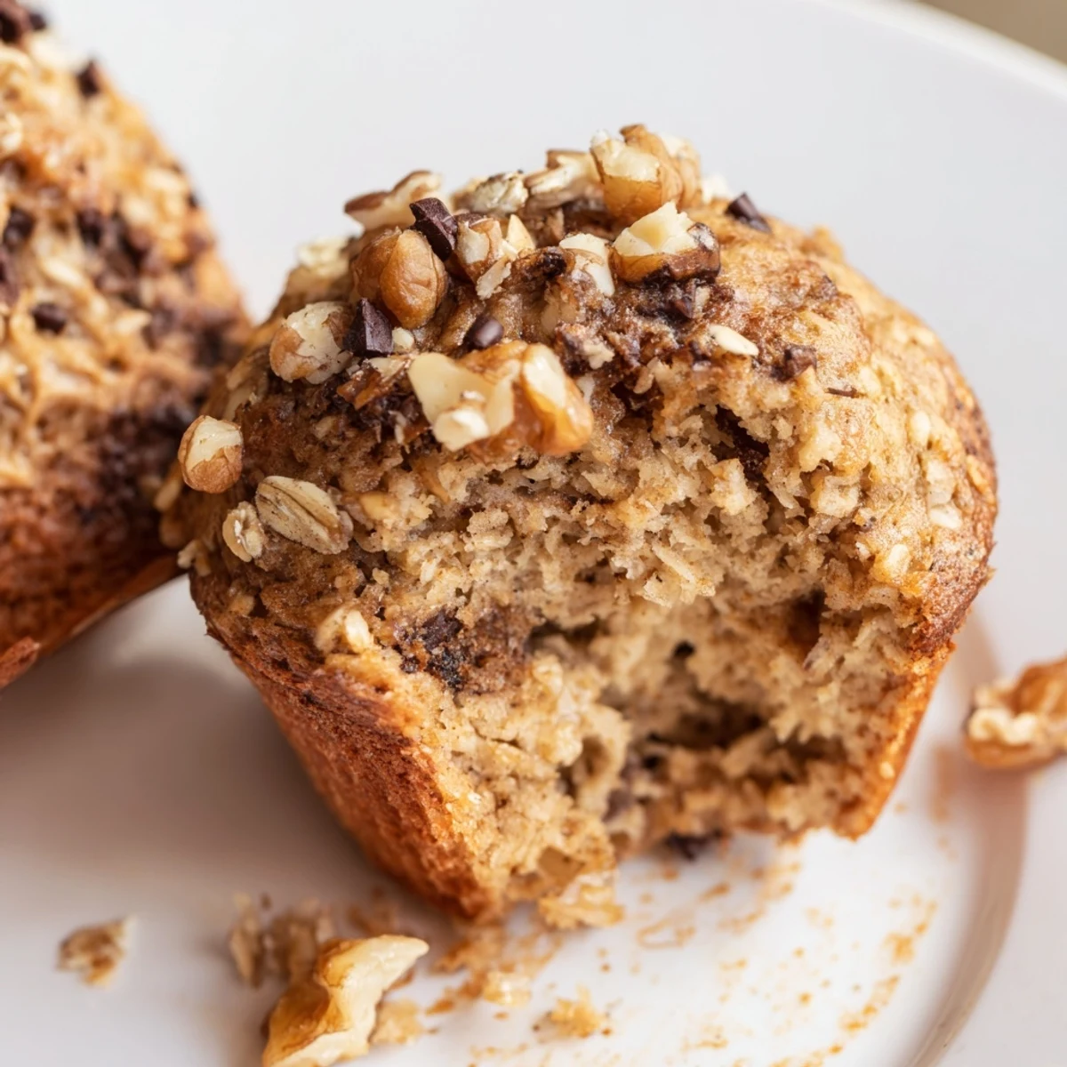 Golden brown banana oatmeal muffins topped with oats on a white wire cooling rack