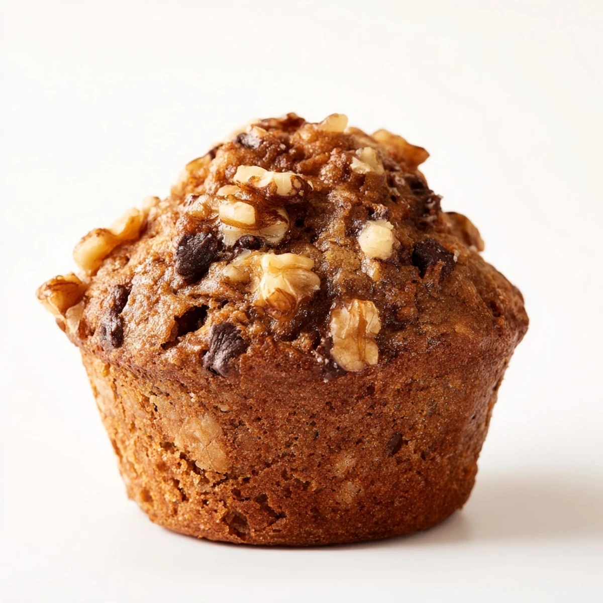 Freshly baked healthy banana nut muffins with golden tops and scattered walnut pieces