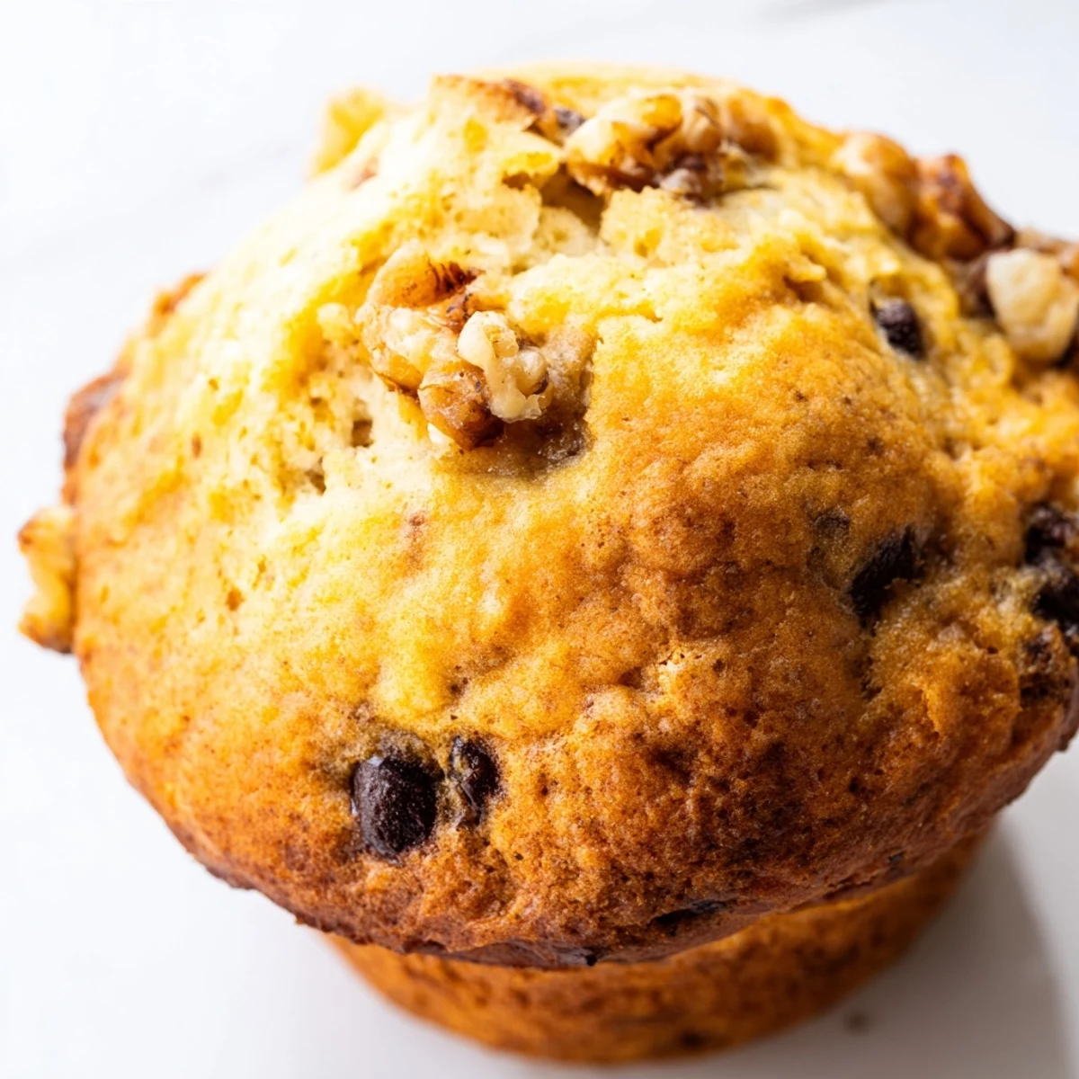 Batch of twelve healthy banana nut muffins with crunchy nuts and golden brown domed tops