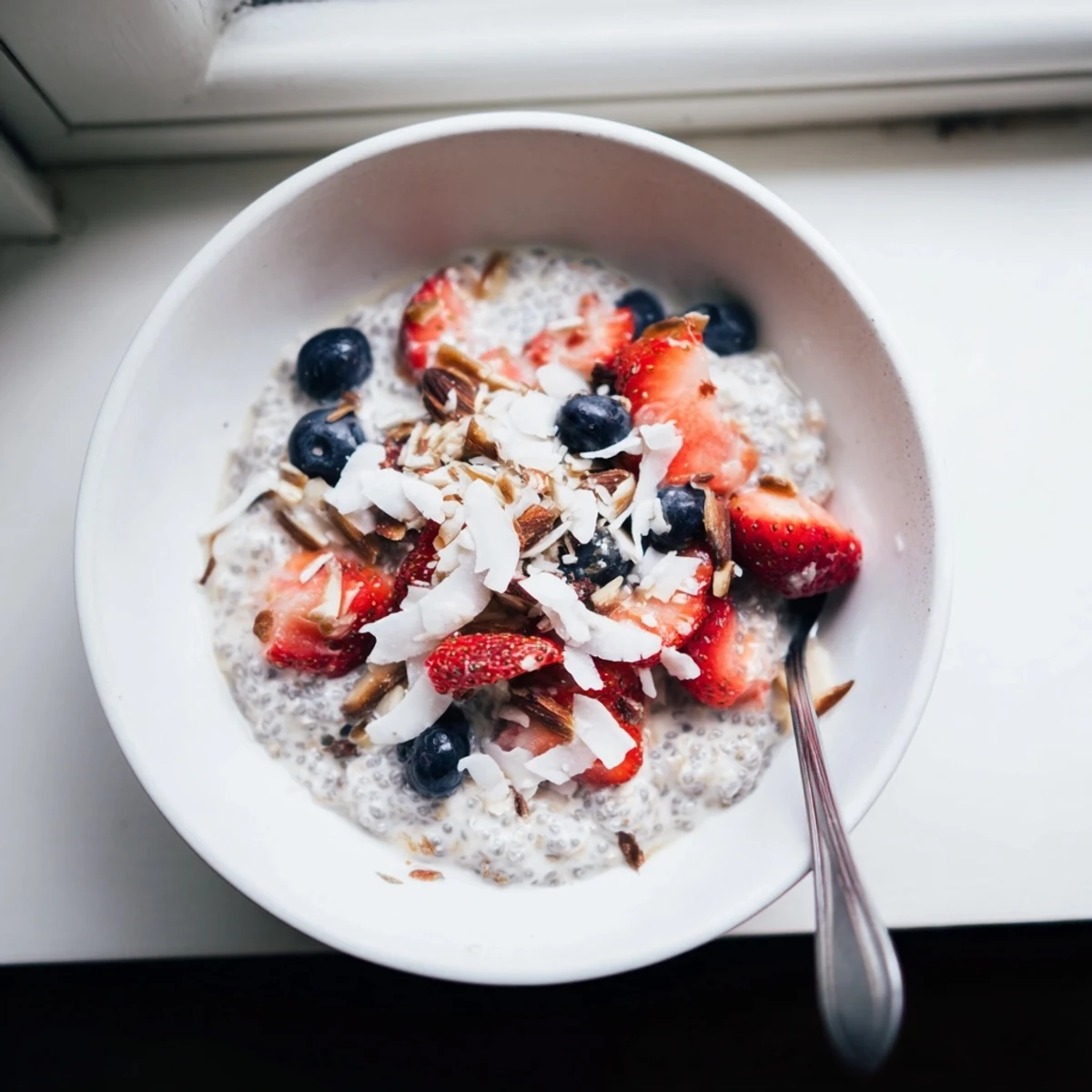 Creamy chia pudding recipes topped with fresh berries and shredded coconut in glass jars