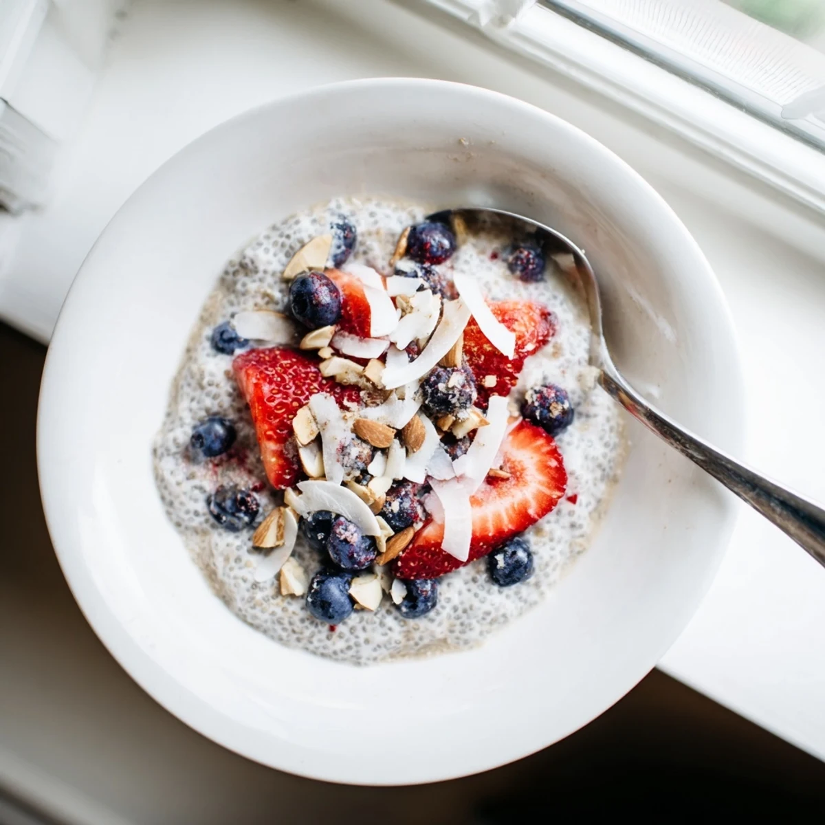 Overnight chia pudding recipes layered with mango, nuts, and dark chocolate shavings for breakfast