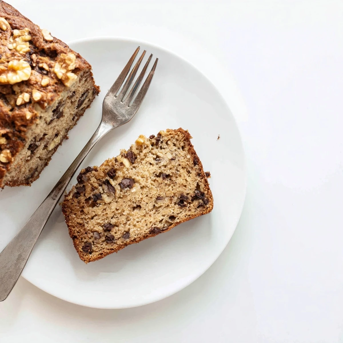 Moist protein banana bread oil free topped with walnuts and served on white plate