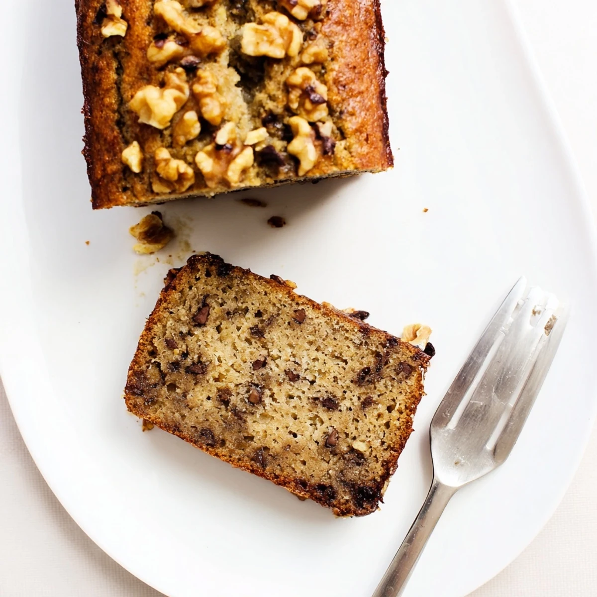 Homemade protein banana bread oil free slices showing tender crumb and dark chocolate chips