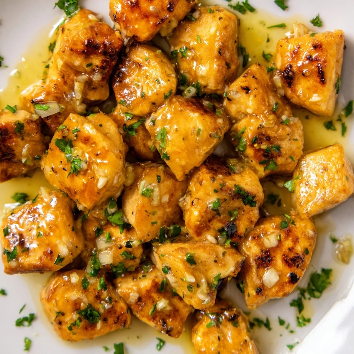 Golden brown chicken bites sizzling in a rich garlic butter sauce with fresh parsley garnish