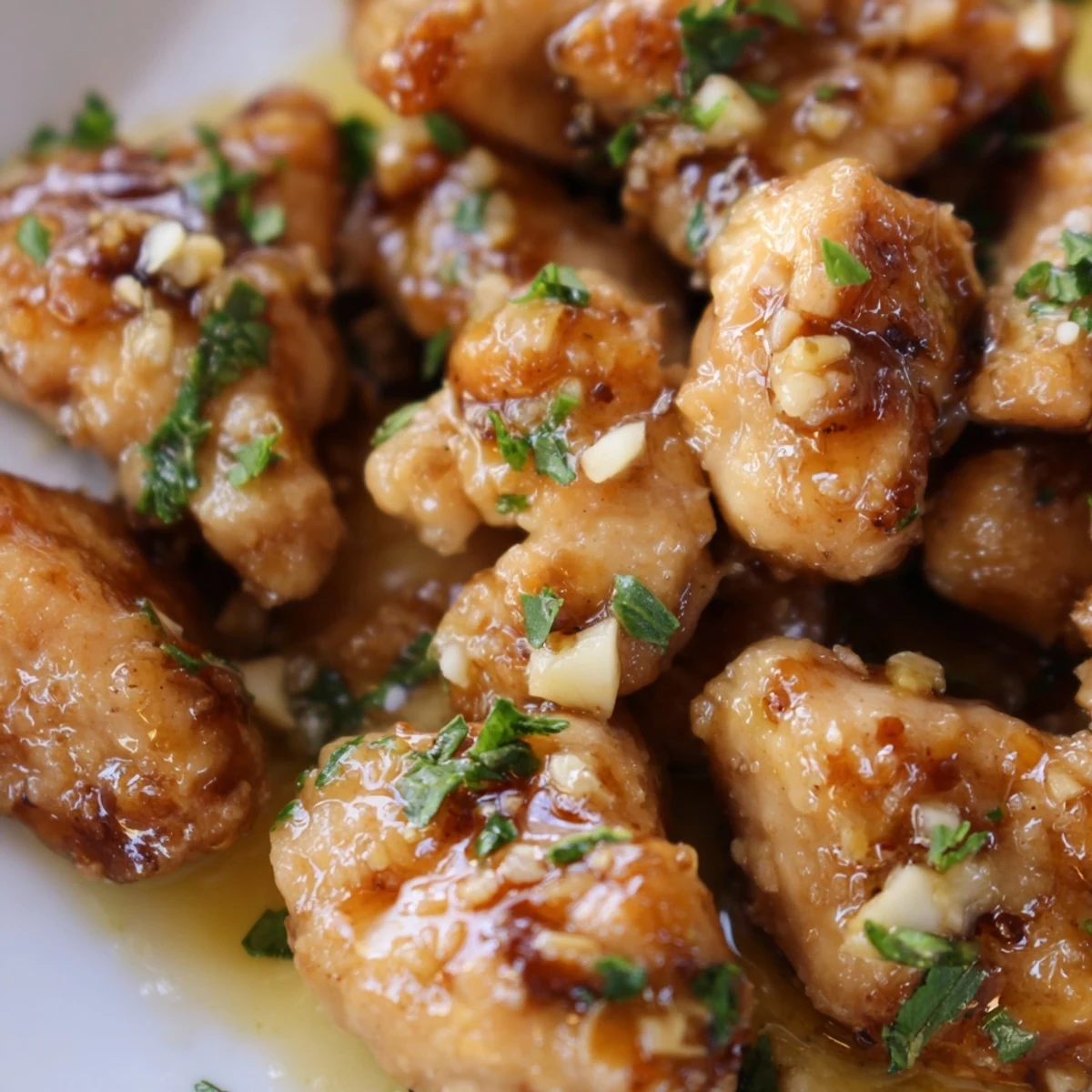 Tender garlic butter chicken bites served hot with lemon wedges and chopped fresh parsley