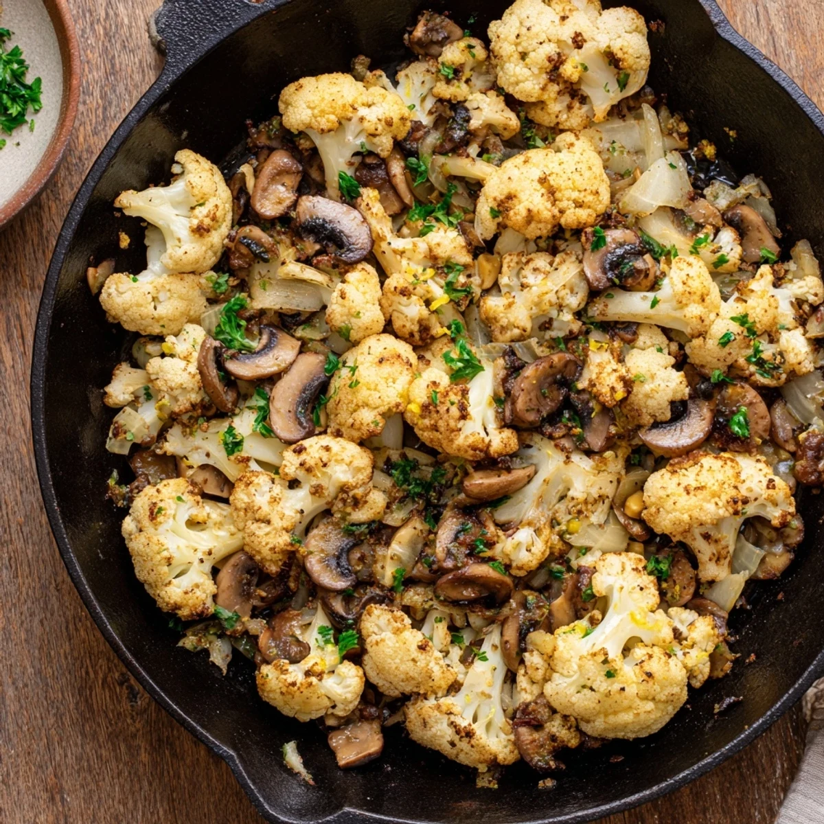 Golden cauliflower florets and browned mushrooms sautéed with garlic in a cast iron skillet