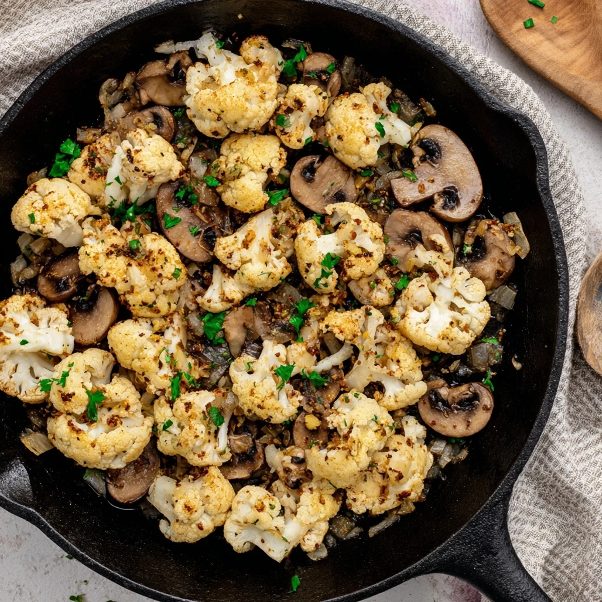Savory garlic mushrooms and cauliflower skillet garnished with fresh parsley and lemon juice