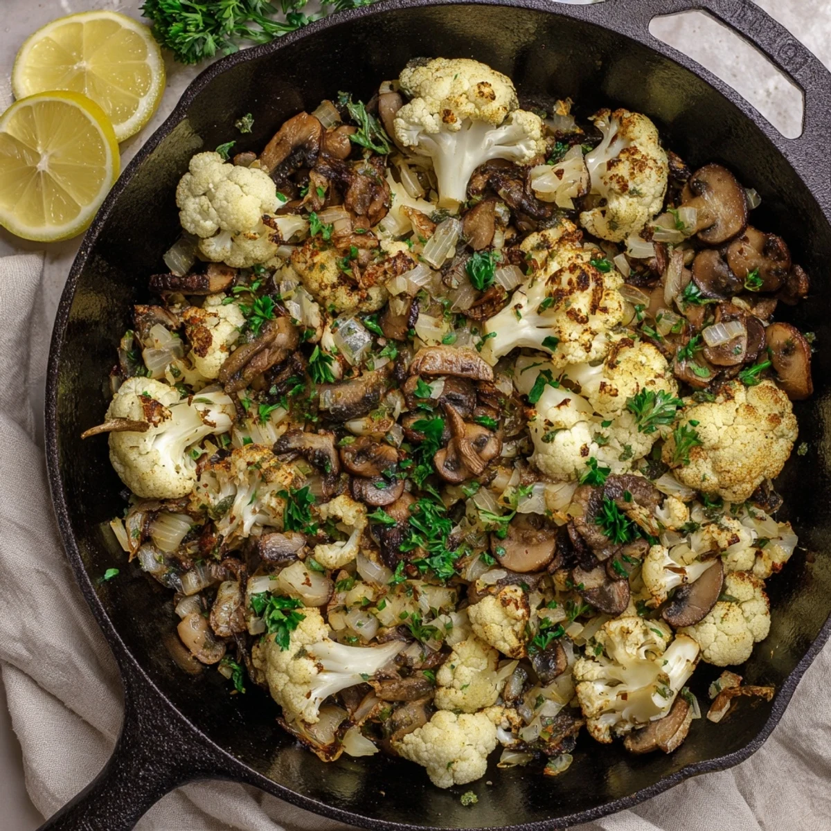 Vegetarian skillet meal featuring tender cauliflower and caramelized mushrooms seasoned with aromatic garlic and herbs