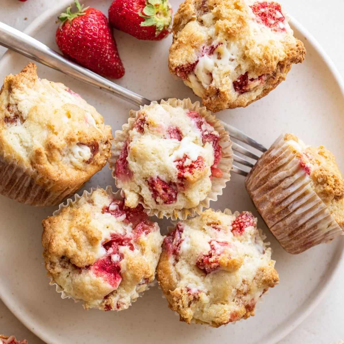 Fresh baked strawberry cream cheese muffins cooling on wire rack with visible cream cheese swirls and juicy strawberry chunks