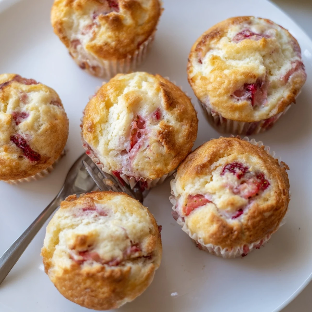 Golden strawberry cream cheese muffins with red fruit pieces and swirled cream cheese center on a white plate