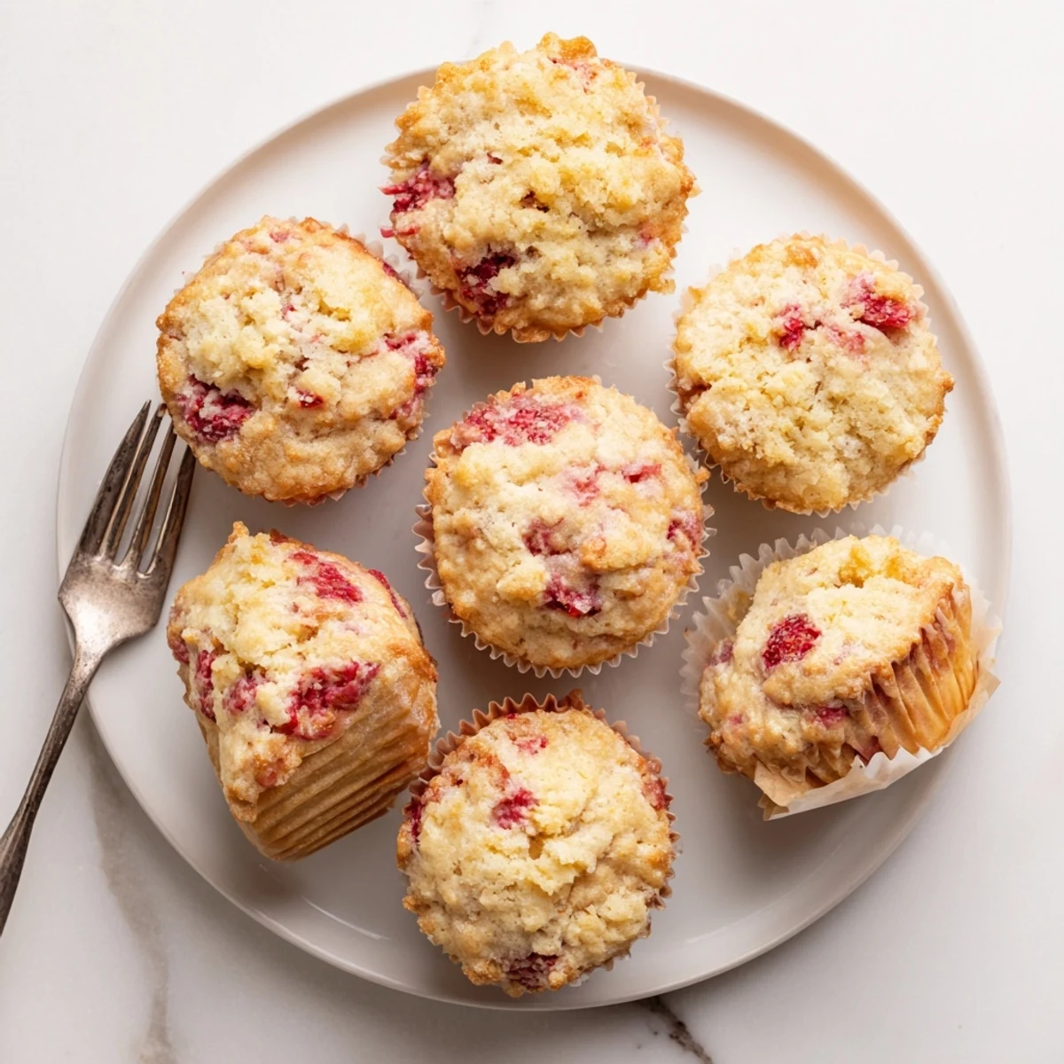 Close up of moist strawberry cream cheese muffins torn open revealing creamy filling and fresh red strawberry pieces inside