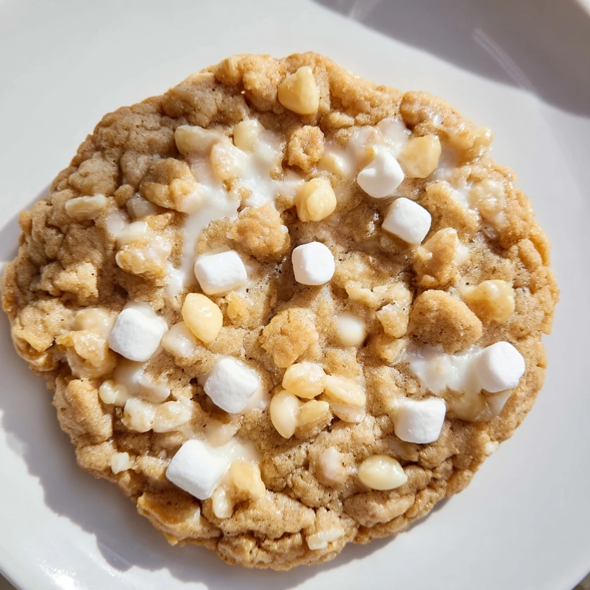 Golden bakery-style Marshmallow Crispy Cookies with melted marshmallows and crispy rice cereal on a white plate