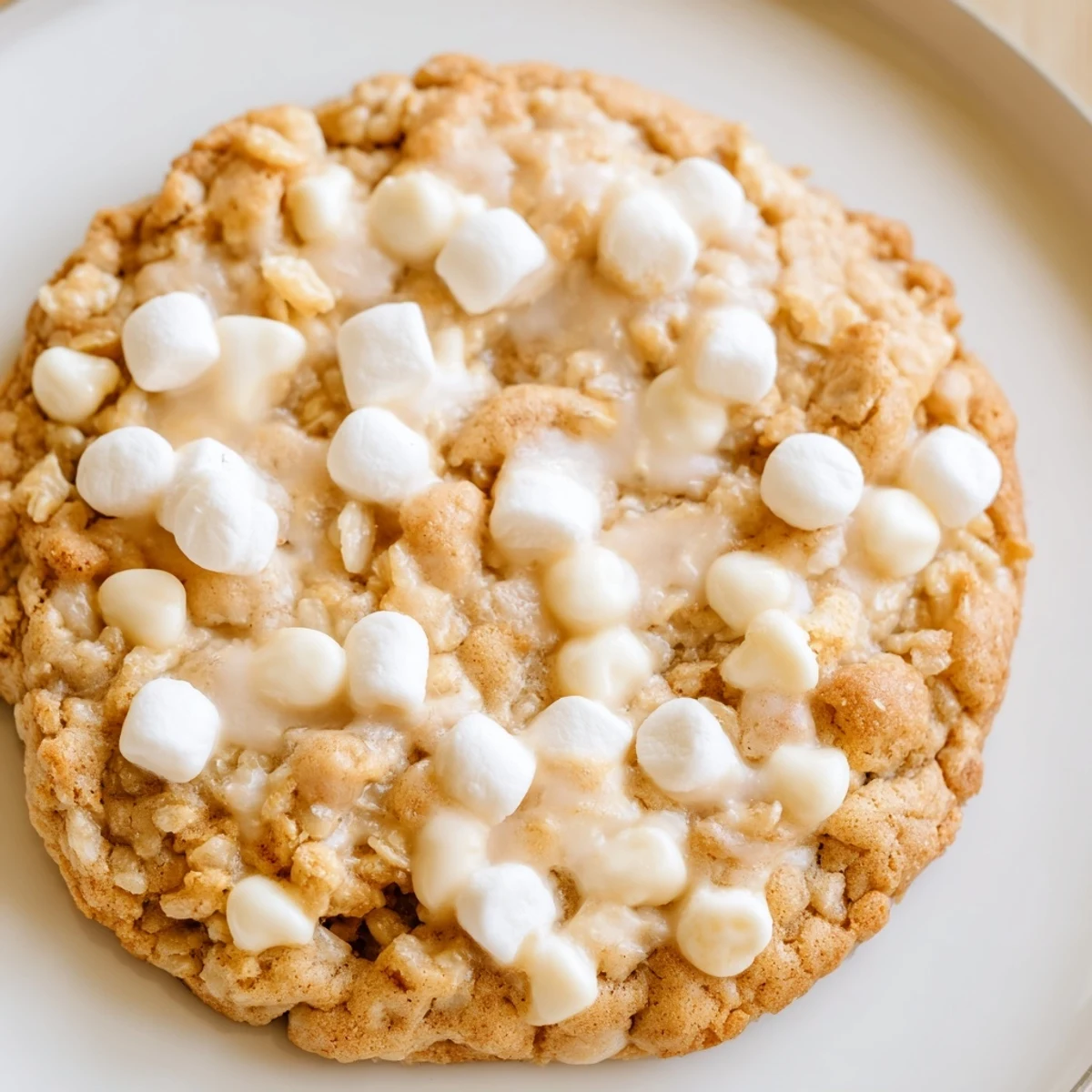 Warm Marshmallow Crispy Cookies stacked on a wooden board with melted marshmallows and crispy rice textures visible