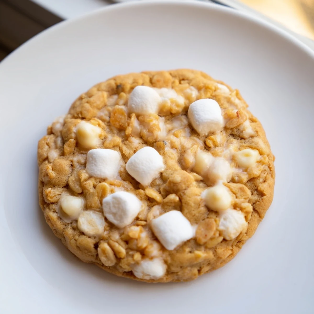 Freshly baked Marshmallow Crispy Cookies showing gooey marshmallow bits and crunchy cereal throughout the soft buttery dough