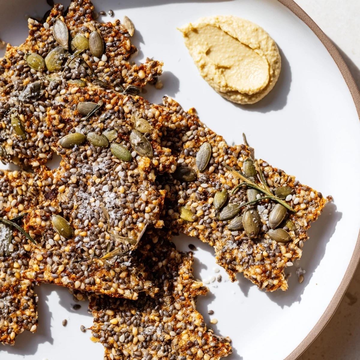 Crunchy Seed Crackers cooling on parchment paper, golden edges and visible seeds.