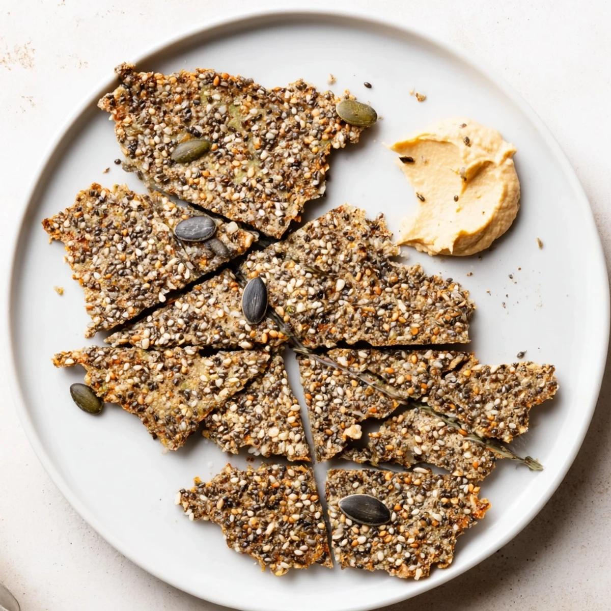 Thin homemade Seed Crackers arranged with hummus for savory dipping.