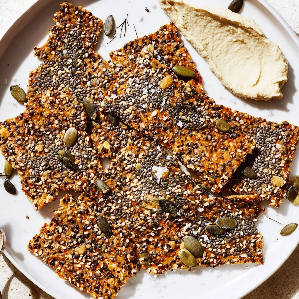 Seed Crackers on a baking sheet, baked golden and flecked with sesame.