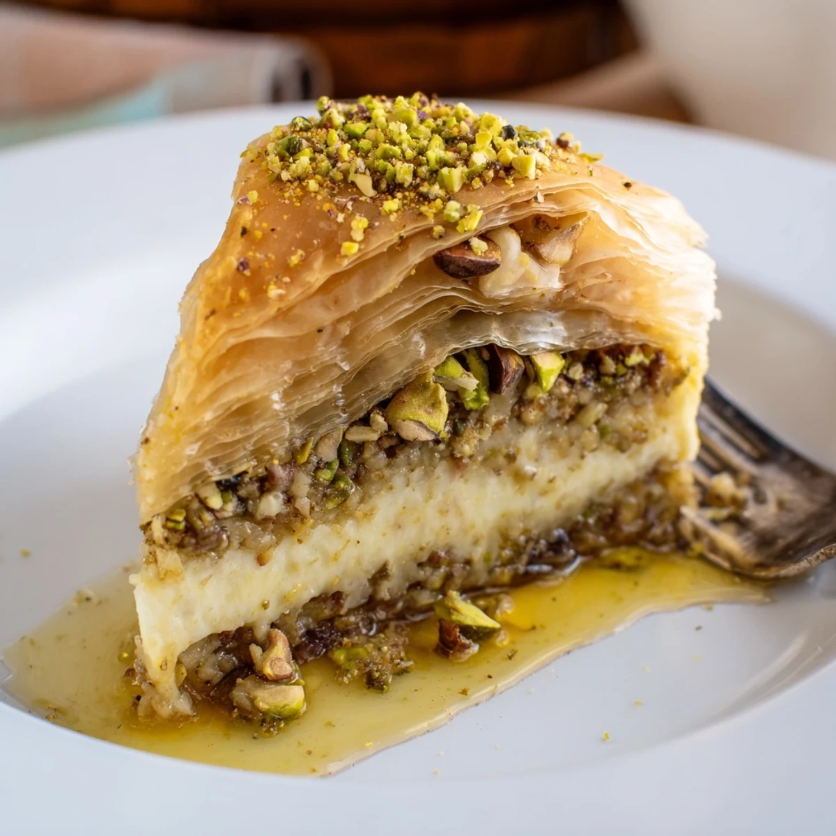 Pistachio Baklava Cheesecake Delightful Dessert For Chill Days honey glaze pooling and pistachio crunch