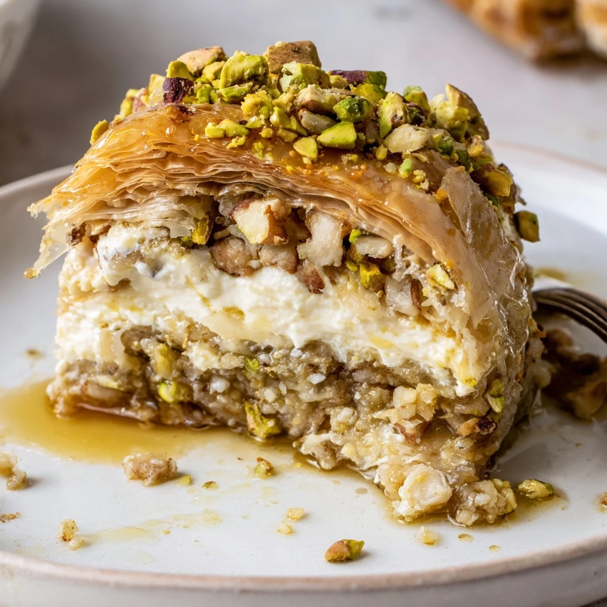 Warm golden phyllo edges surround Pistachio Baklava Cheesecake Delightful Dessert For Chill Days slice