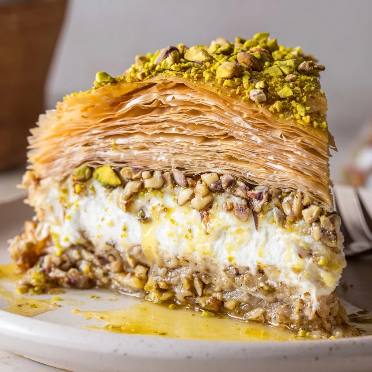 Syrup drizzled Pistachio Baklava Cheesecake Delightful Dessert For Chill Days served with mint tea