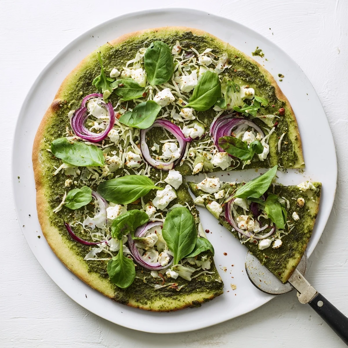 Vegetarian green pizza topped with zesty broccoli pesto, bubbling cheese, and fresh basil garnish