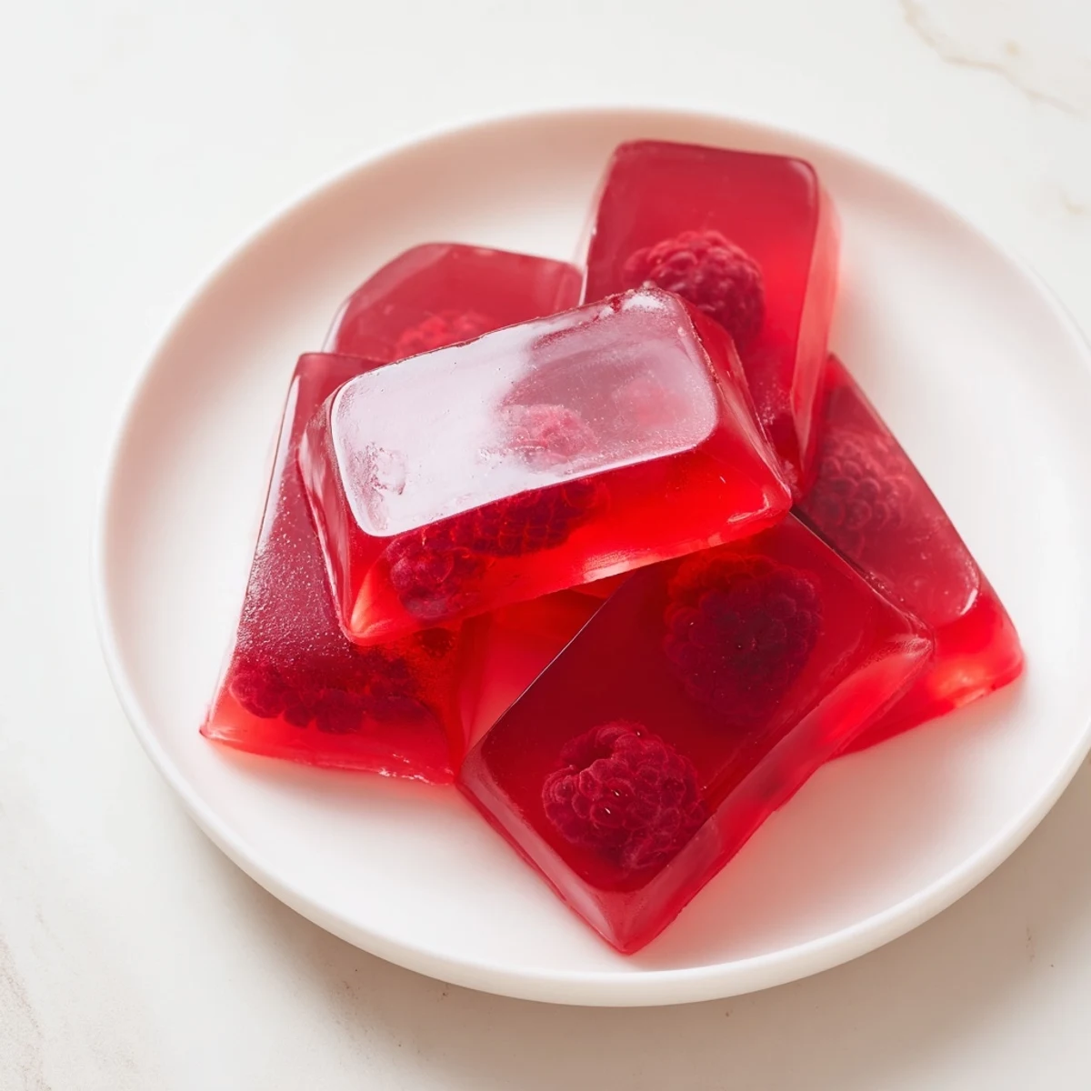 Chewy homemade raspberry gummy snacks arranged on a white plate, vibrant red color showing fresh fruit texture