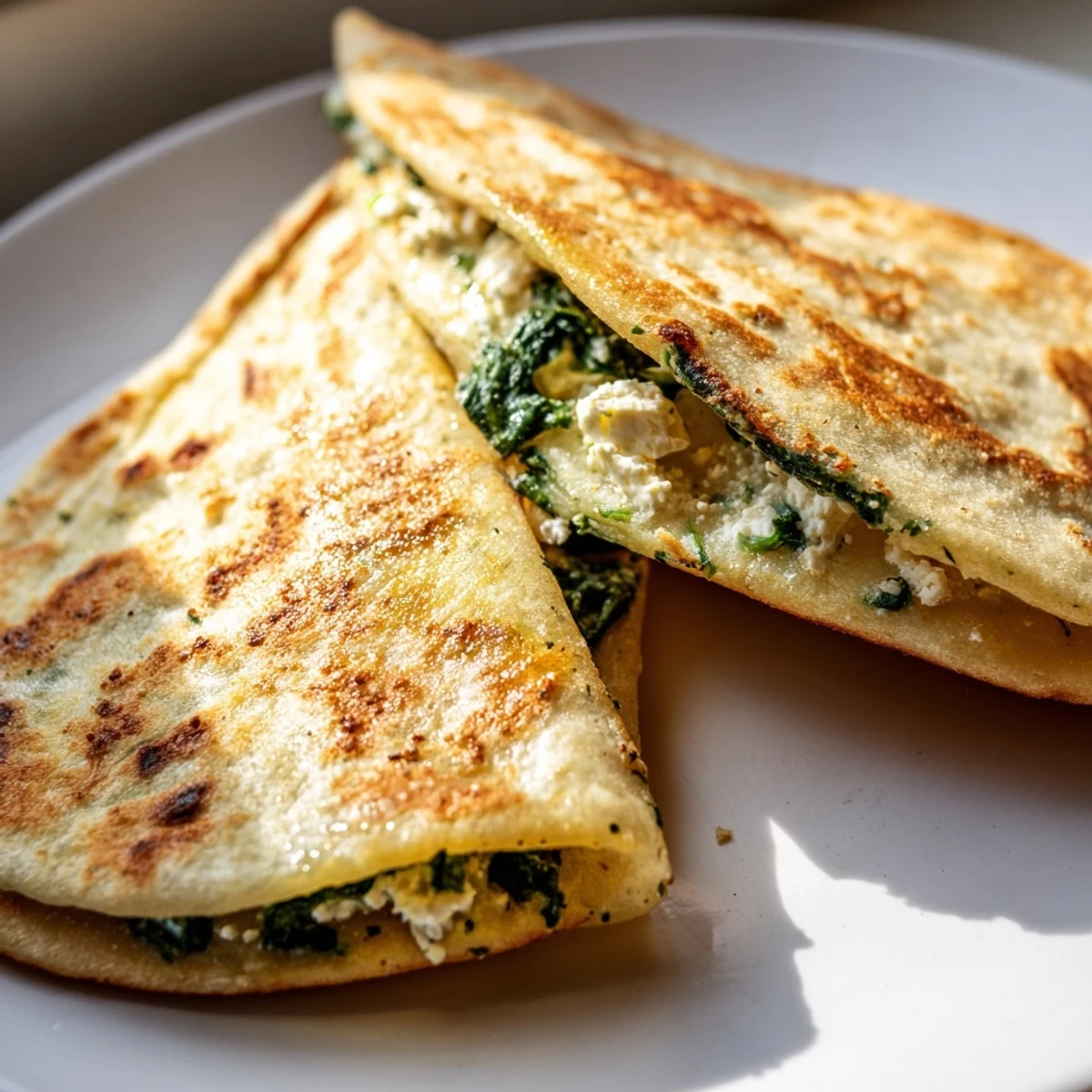 Crispy pan-fried Turkish flatbread filled with savory spinach feta mixture, sliced into triangular wedges