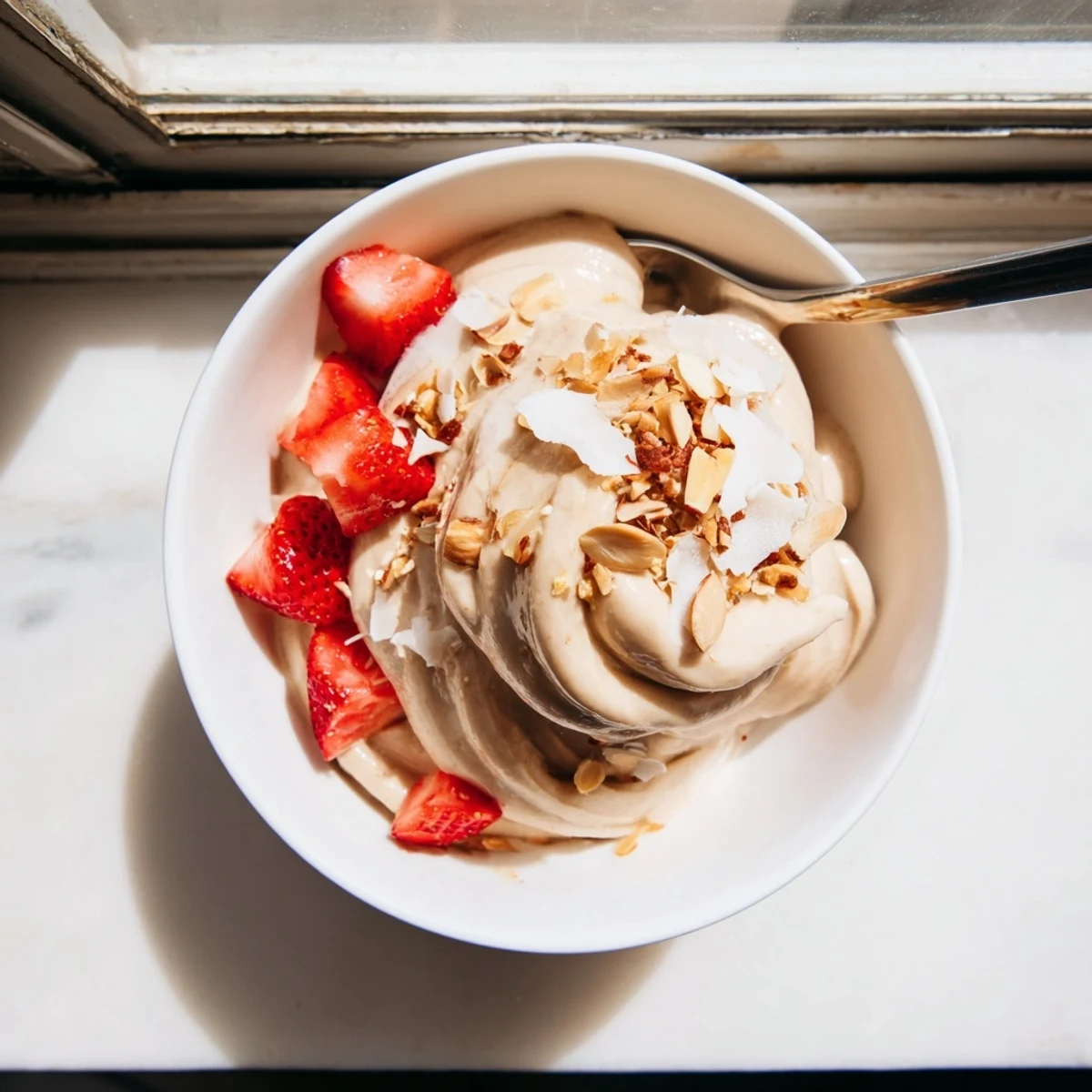 Thick soft-serve healthy nice cream recipe made from frozen bananas with drizzled dark chocolate chips