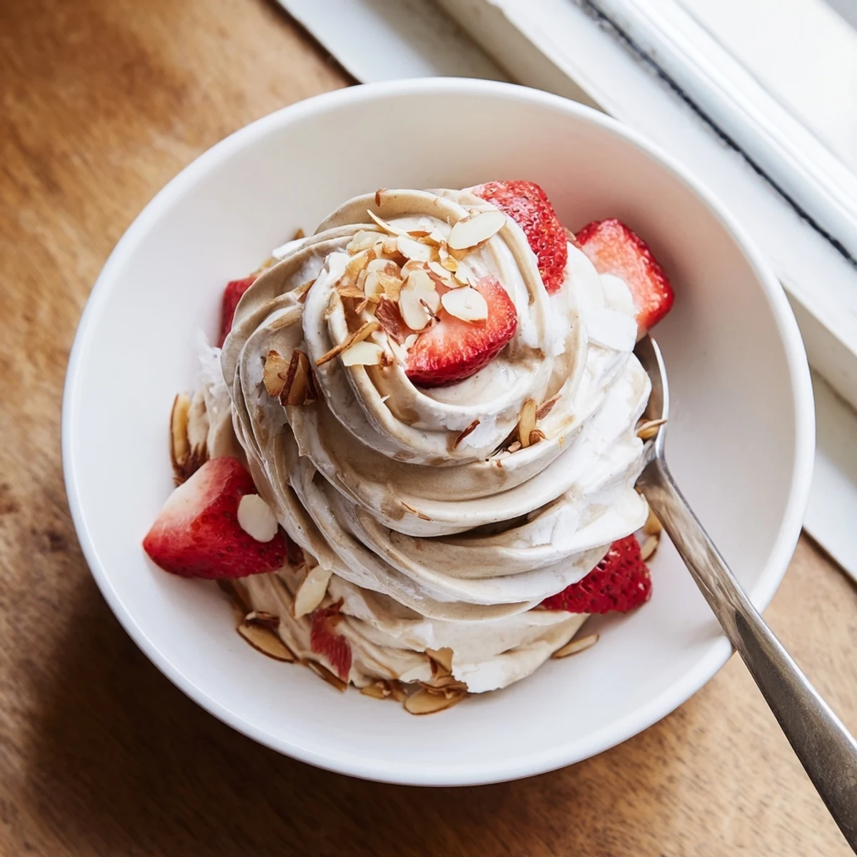 Vibrant healthy nice cream recipe in vintage glass dish garnished with colorful mixed fruit toppings