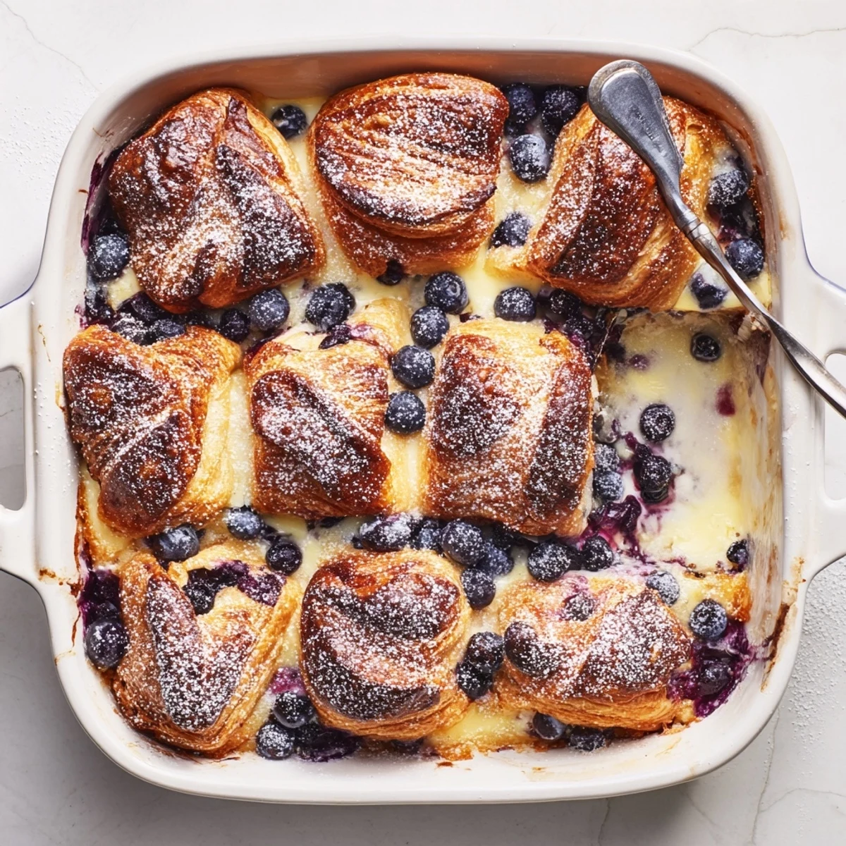 Golden blueberry cream cheese croissant casserole with bubbling berries and toasted pastry edges