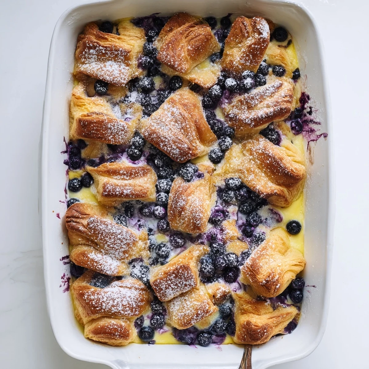 Creamy blueberry cream cheese croissant casserole baked until golden with juicy fruit pockets