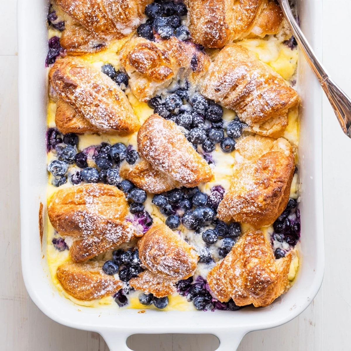 Breakfast blueberry cream cheese croissant casserole dusted with powdered sugar on a white plate