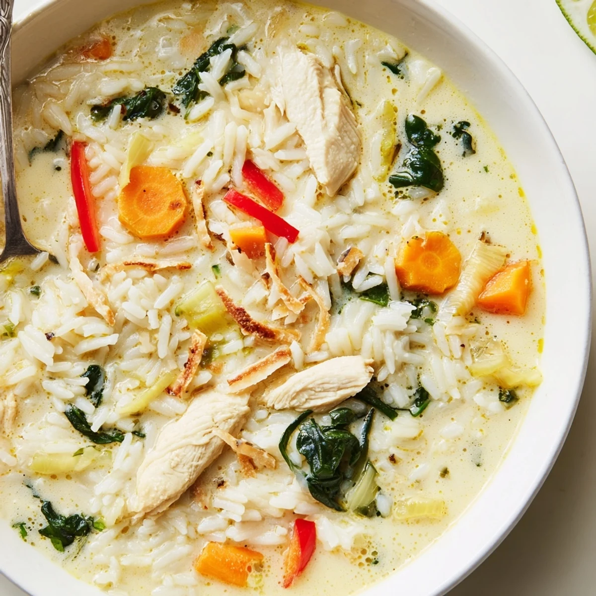 Bowl of Golden Coconut Chicken Rice Soup garnished with cilantro and lime