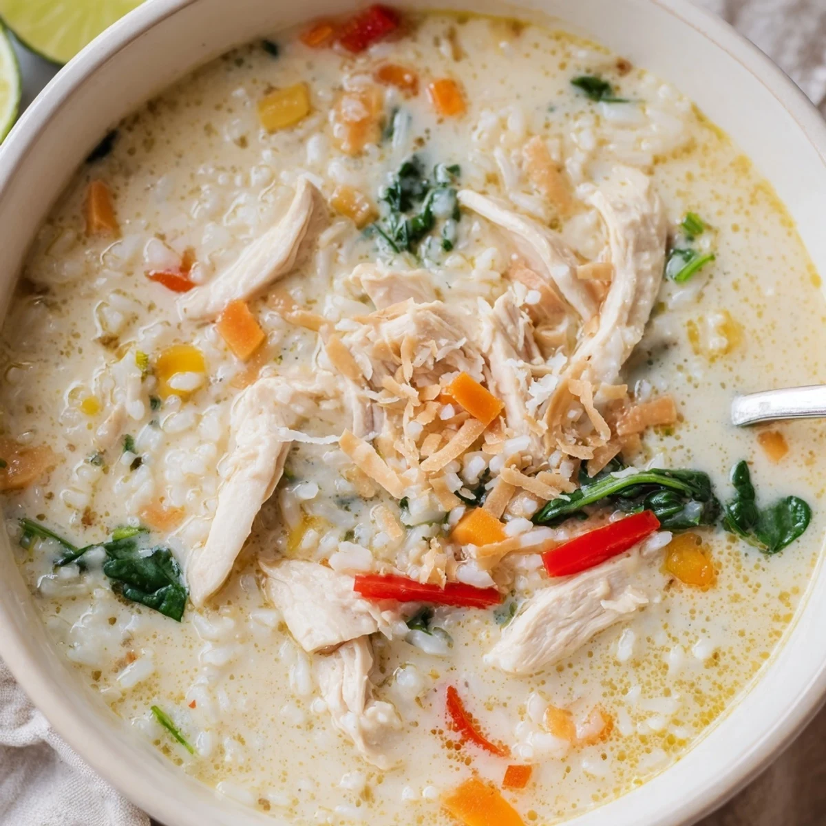 Golden Coconut Chicken Rice Soup steaming in bowl, creamy broth and tender chicken